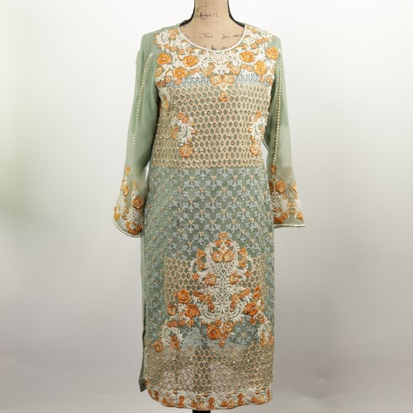 Elegant Embroidered Green Dress - Picture 4 of 11